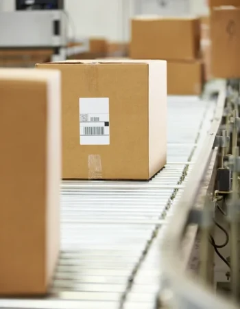 PackagingLine Shipping boxes rolling down a warehouse line